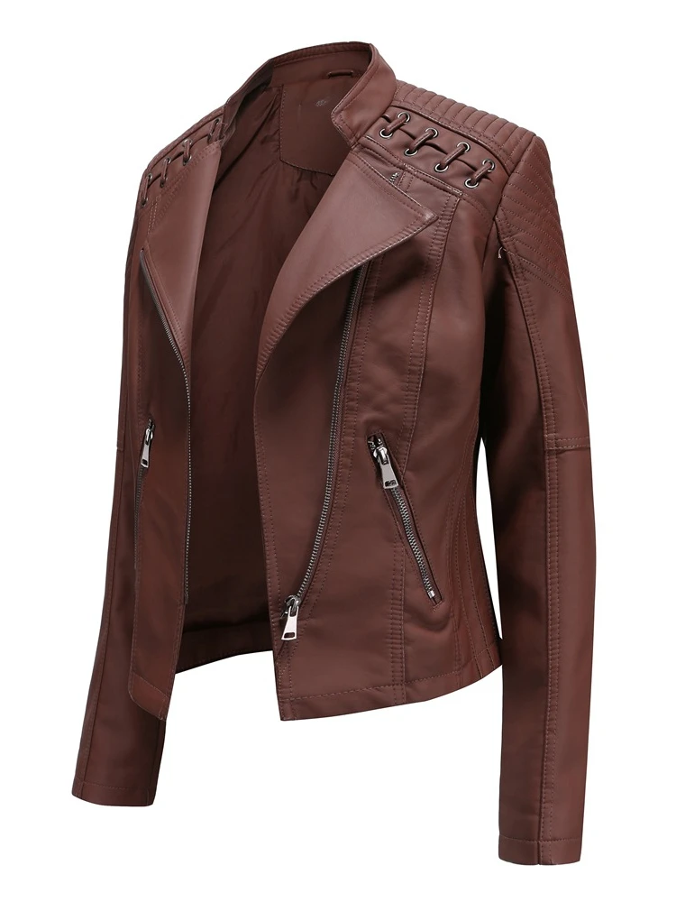 FSMG Spring And Autumn Trendy Faux Leather Jacket For Women, Casual Slim Fit Zipper Short Outerwear, Lightweight Motorcycle Coat