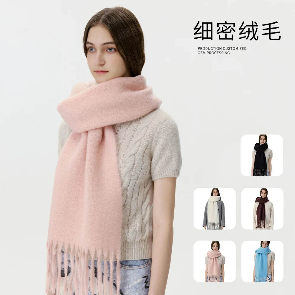 

2025 зимний новый стильный однотонный хлопковый шерстяной женский шарф, мягкий липкий черный, коричневый, утолщенная теплая внешняя шаль с кисточками