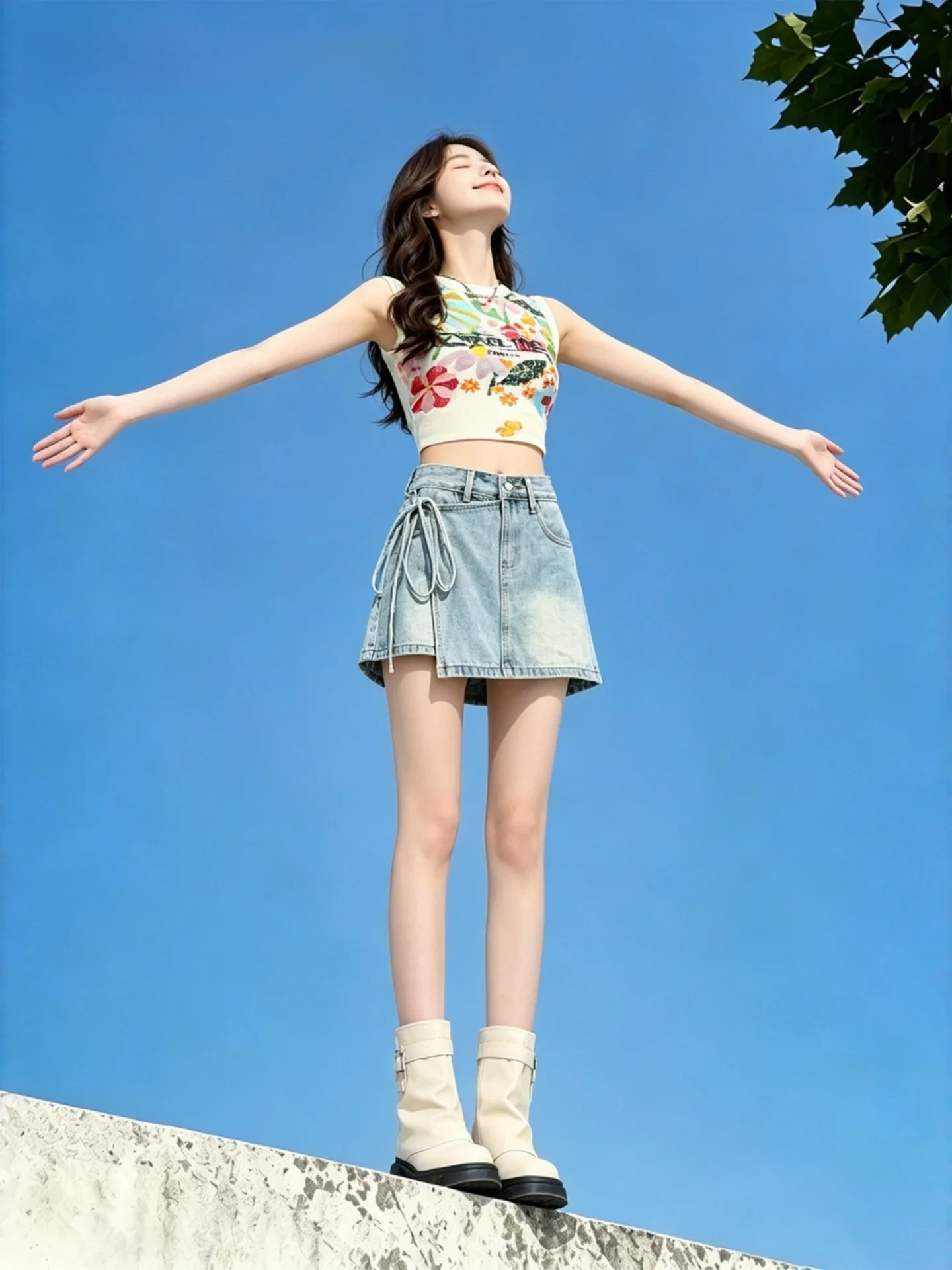 Retro American Large Size Washed Blue Fading Denim  Skirt High Waist A-Line Half Body Women's Summer Fake Two-Piece Skirt