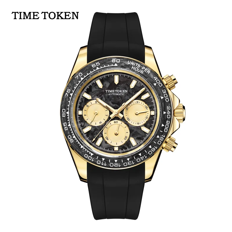 TIME TOKEN 2025 40mm Men's Carbon Automatic Mechanical Watch Luxury 100m Waterproof Diver with Calendar And Week Function