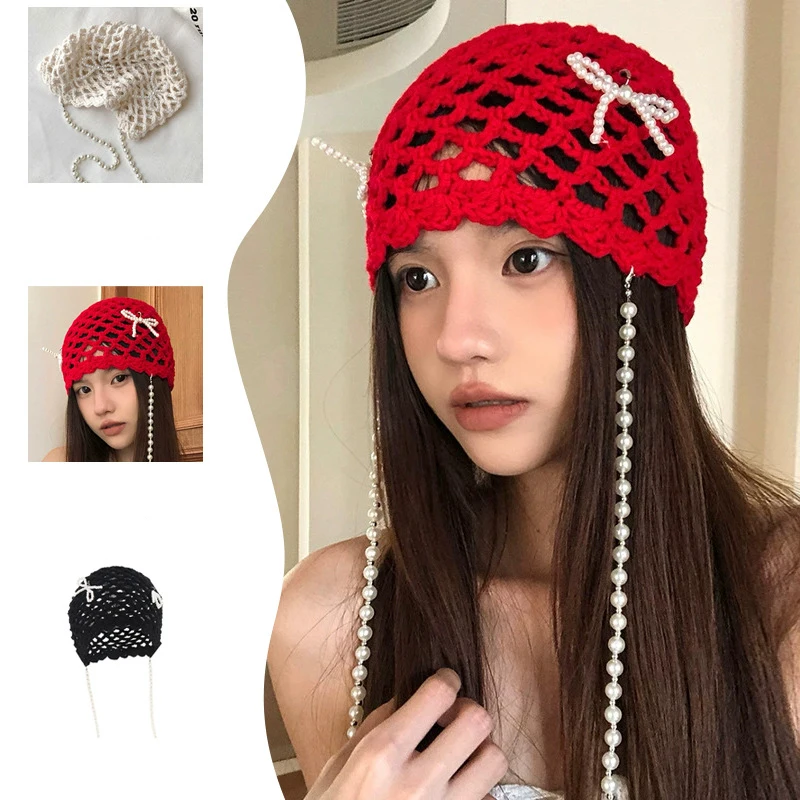 Women's Pullover Hat Korean Hollow Bow Pearl Tassel Sweet Fashionable Versatile Knitted Hat High-level High-quality Cap For Girl