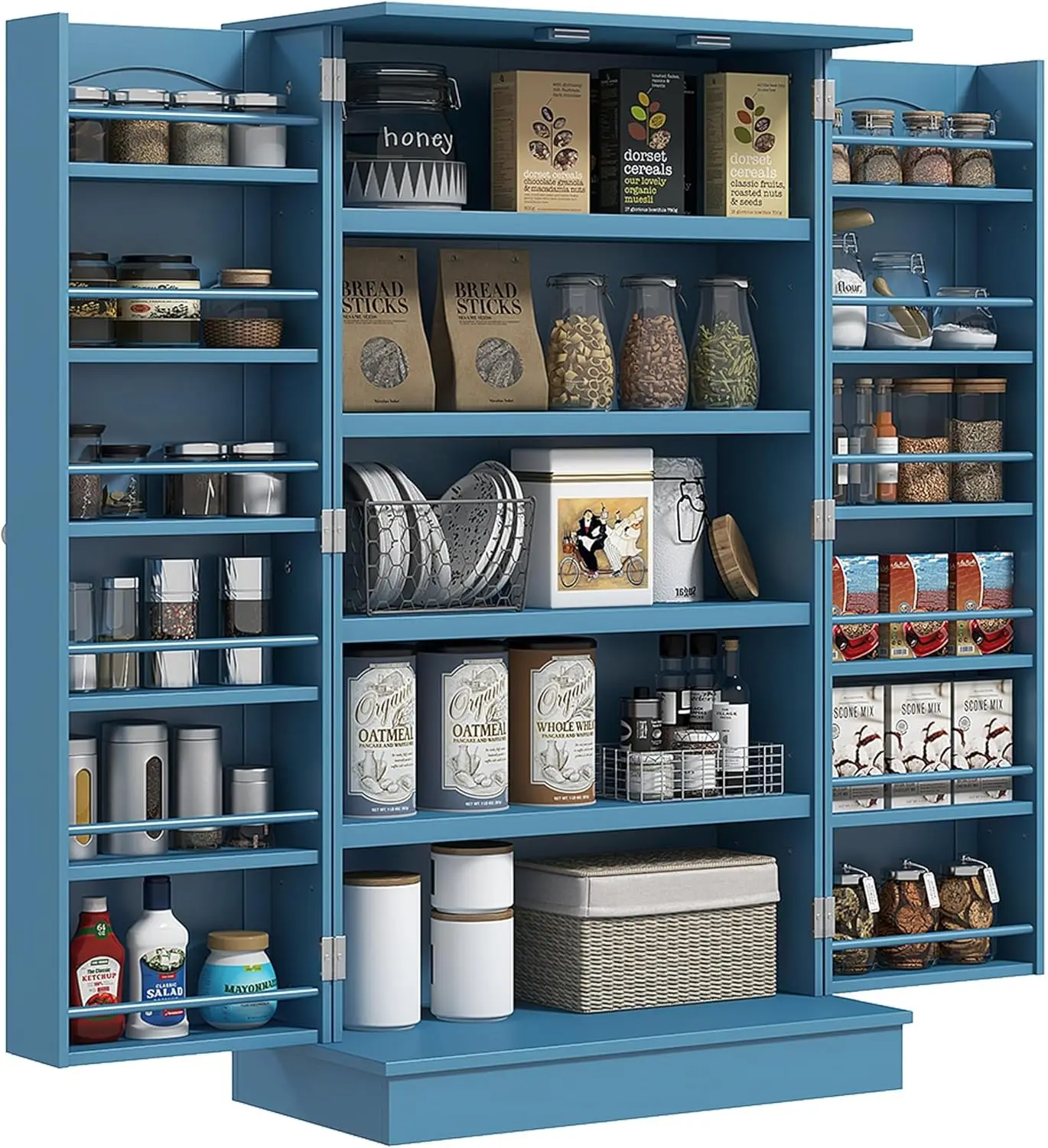 Freestanding Kitchen Cabinet with 12 Door Shelves, Double Doors, 5-Tier Shelving and Adjustable Shelves, Blue