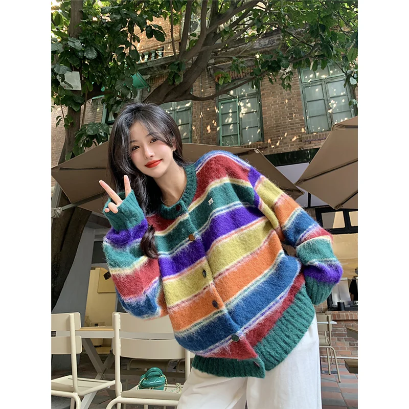 Women's 2022 Fashion New Style Rainbow Stripe Knitted Sweater Temperament Comfortable Cardigan Versatile Autumn and Winter Coat