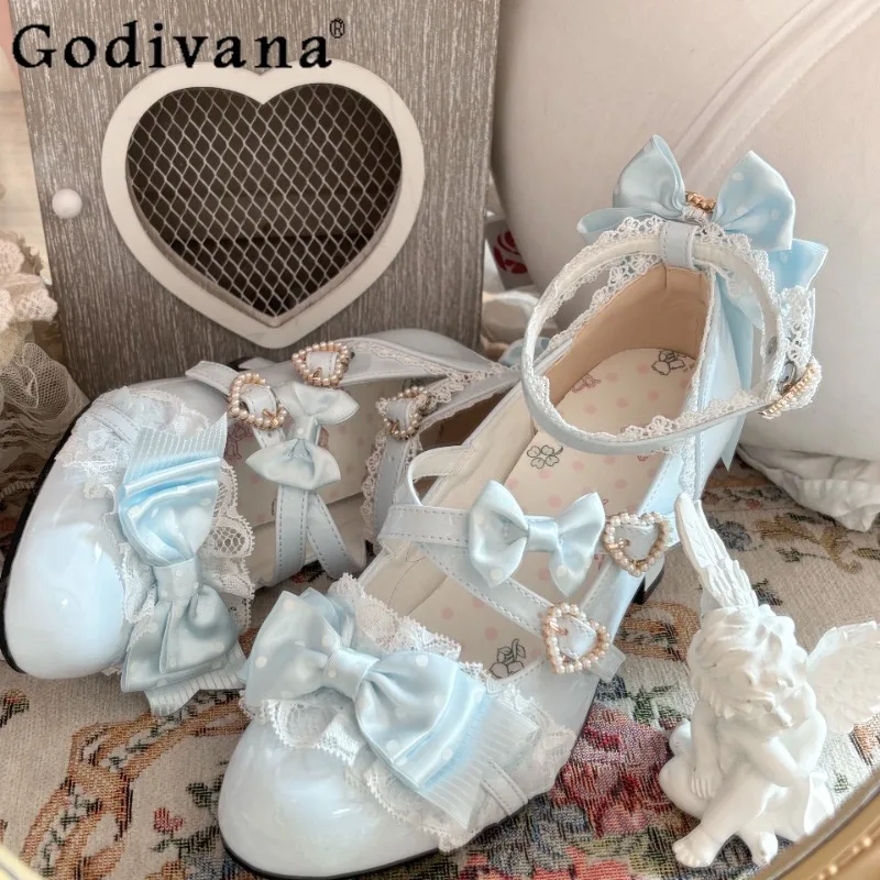 

Elegant Sweet Japanese Original Lolita High Heels Polka Dot Bow Pearl Versatile Doll Feeling Light Mouth Women's Single Shoes
