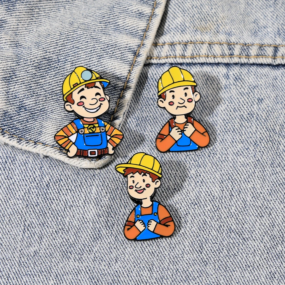 Cartoon Construction Worker Enamel Pins Yellow Hard Hat Blue Overalls Laborer Brooches  for Engineer Fans & Labor Day Souvenir