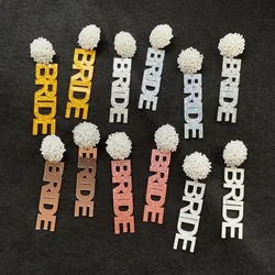 Trendy White Beads With White Mirror Pink And Glitter Gold Silver  Iridescent Color Letter Bride Acrylic Stud Earrings For Women