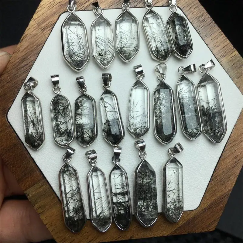 

S925 Natural Black Hair Quartz Point Pendant Fengshui Crystal Party Jewelry Holiday For Women Healing Energy Stone Gift 1PCS