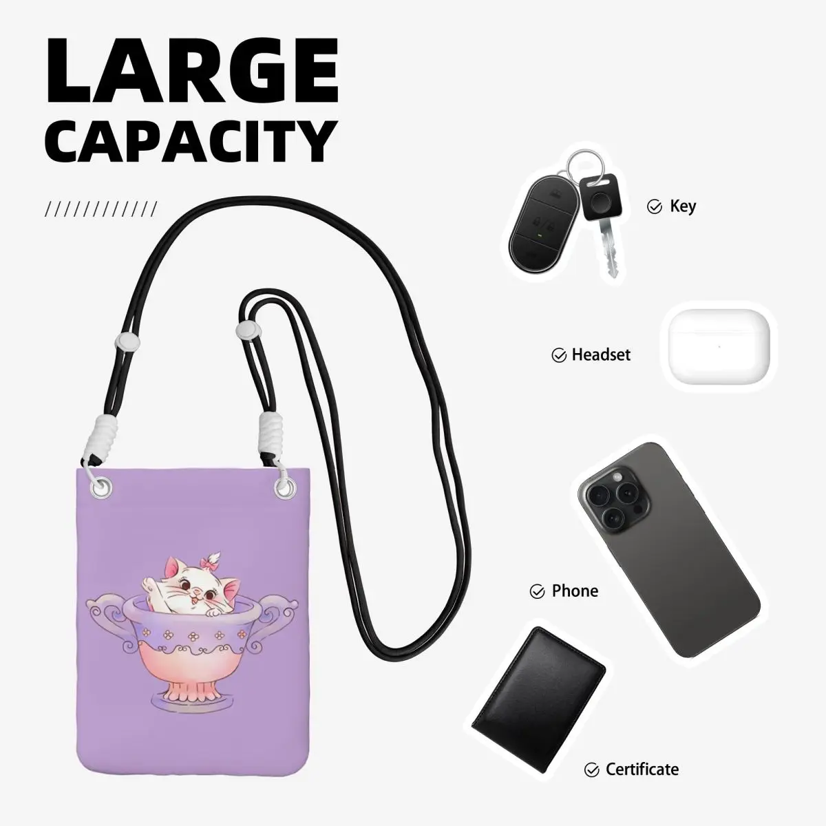 스트랩 애니메이션 크로스 바디 백 남성 여성 여행 휴대 전화 가방과 사용자 정의 마리 고양이 스마트 폰 지갑