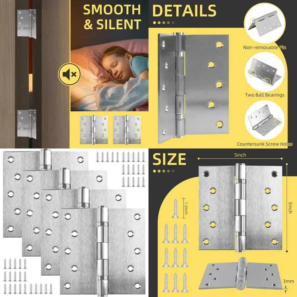 

5 Heavy-Duty Ball Bearing Door Hinges, 4-Pack, Silver for Commercial and Residential Use