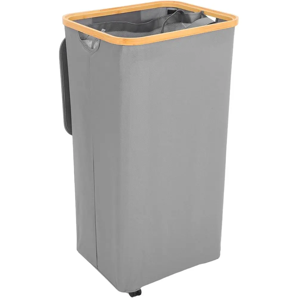 Collapsible Laundry Hamper with Lid and Rolling Wheels, oldable Gray abric Dirty Clothes Basket with Inner Bag or Bedroom Dorm L