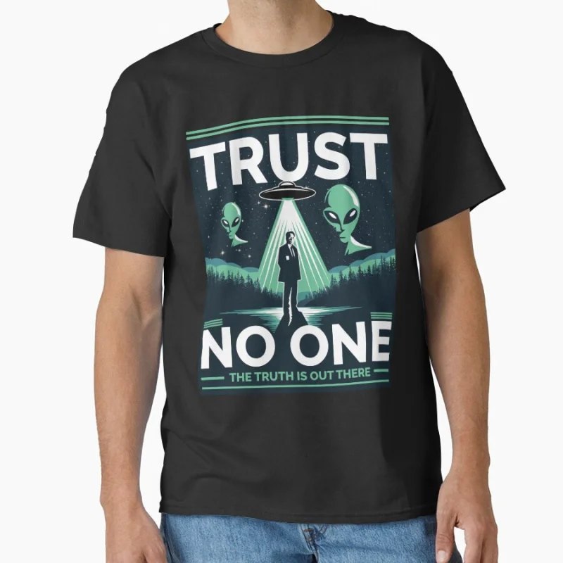 

1104 Vintage Sci fi tv series The X Files Trust No One Gift t shirt Retro Alien movie Graphic clothes All size tops S-6XL