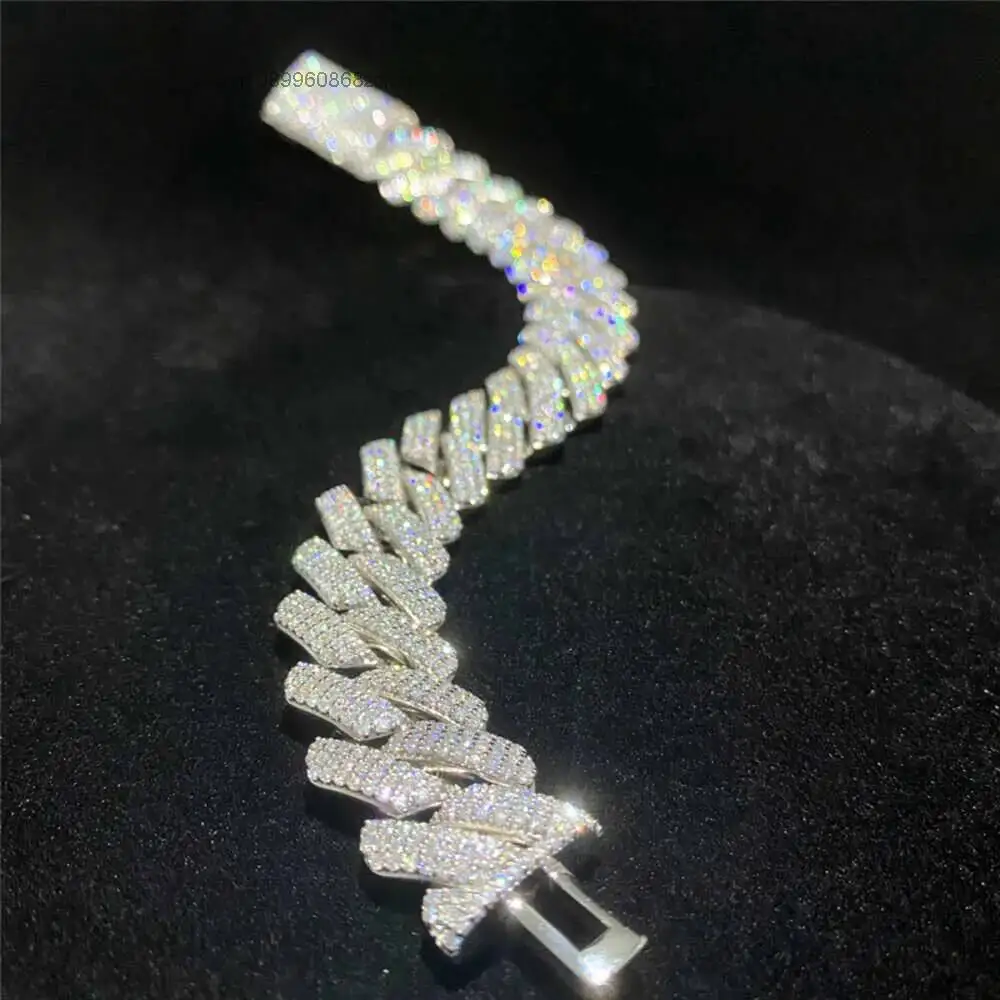 Luxury 18mm Three Row Diamond Exploded Mayami Cuban Chain for Men and Women 925silver Full Set Moissanite Cuban Chain Necklace B