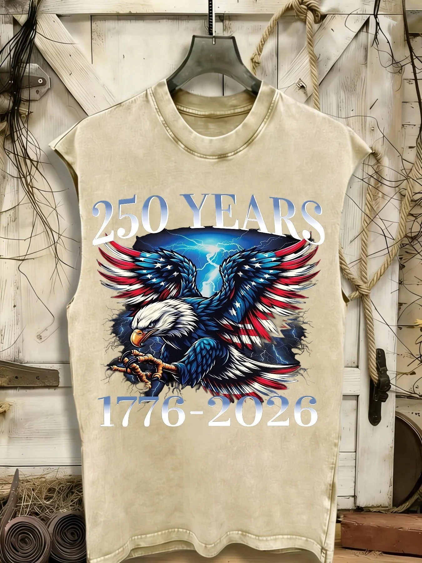 100% Pure Sleeveless Vest, 7.41 oz Washed Style, Commemorative Vest for The 250Th Anniversary of The Founding of The Country, Decorated with Patriotic Eagle And American Fla, Vintage Plus-Size Washed Vest, Street Fashion Trend for 2026, Plus Size