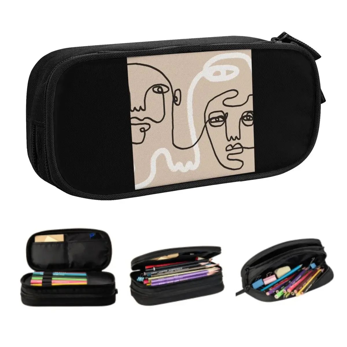 Custom Kawaii Abstract Minimalist Emotions Pencil Case for Girls Large Storage Faces One Line Art Pencil Bag School Accessories