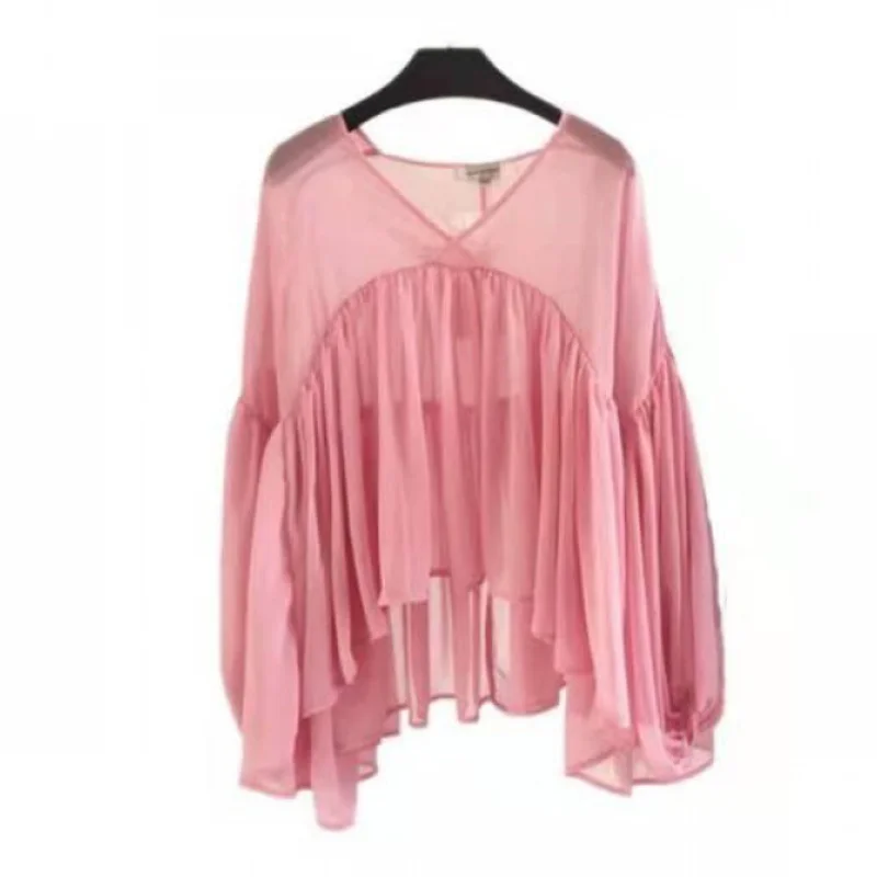 Spring Summer V-Neck Pink Chiffon Shirts Loose Sweet Two-piece Pleated Blouses Irregular Lantern Sleeve Crop Tops Blusas Mujer