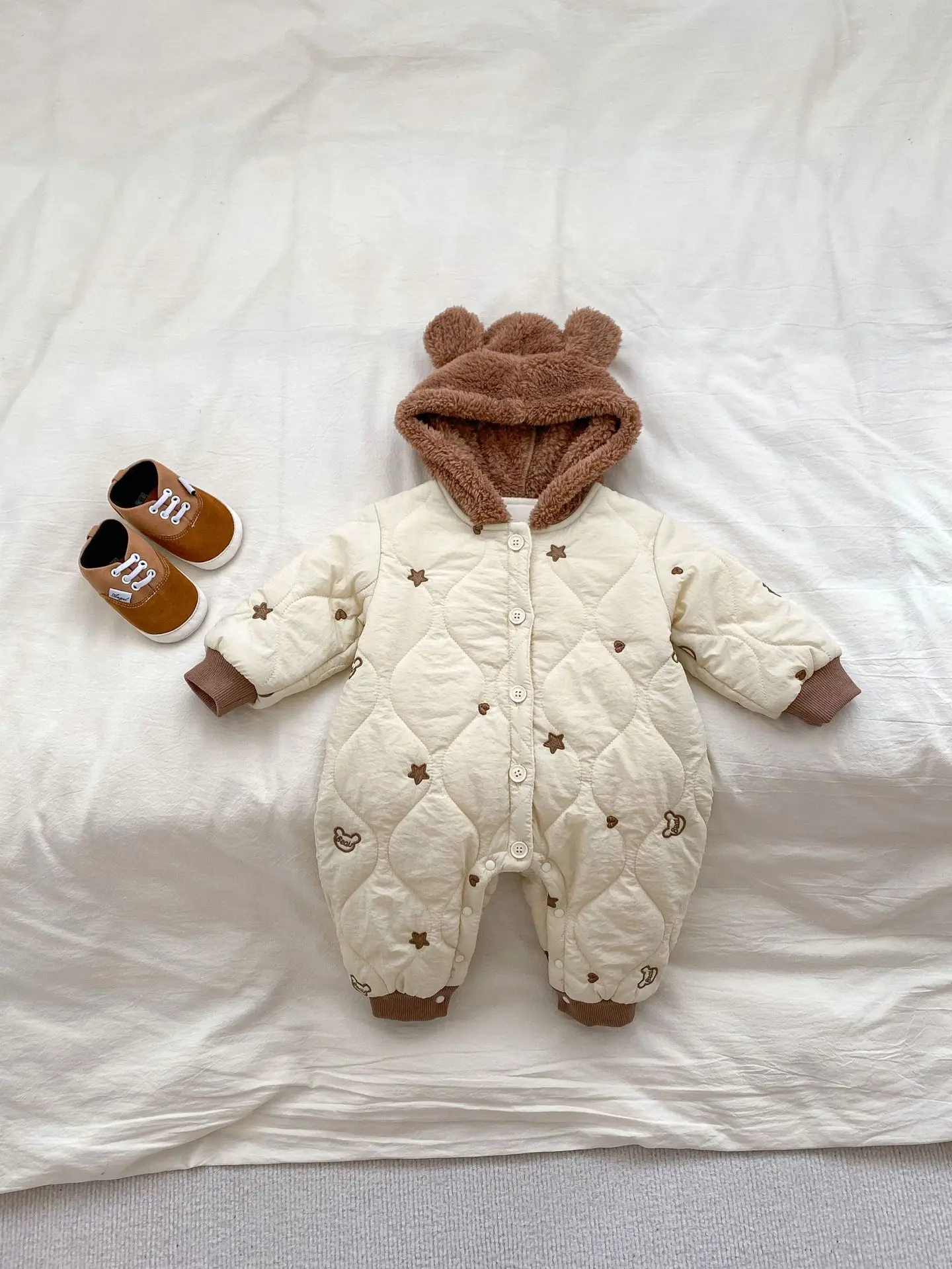 2024 Winter New Baby Warm Fleece Hooded Romper Infant Boy Girl Padded Jumpsuit Plus Velvet Thick Newborn Toddler Clothes 0-24M