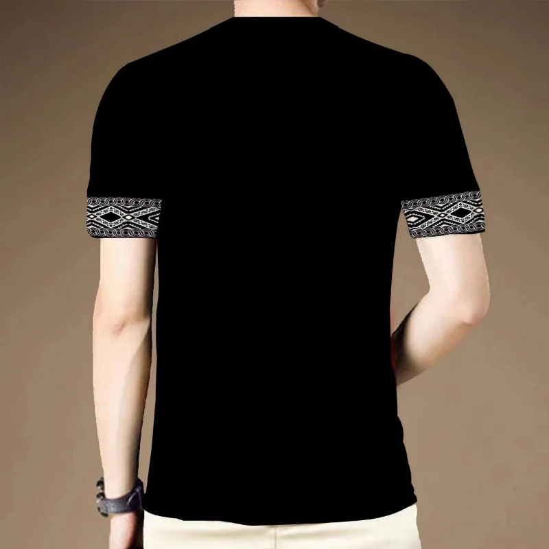 Summer Vintage Ethnic Style 3D Print Short Sleeved T-shirt Men\'s Round Neck Patchwork Casual Fashion Versatile Simple Slim Tops