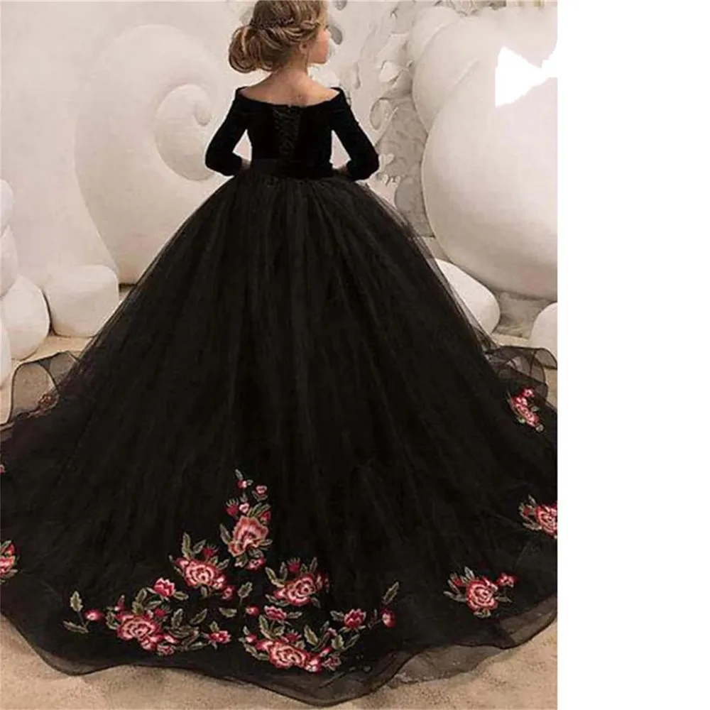 Elegante Blumen mädchen Kleider flauschige Prinzessin schwarz Ballkleid Kind Geburtstags feier Halbarm Kleid Erstkommunion Hochzeit Abschluss ball