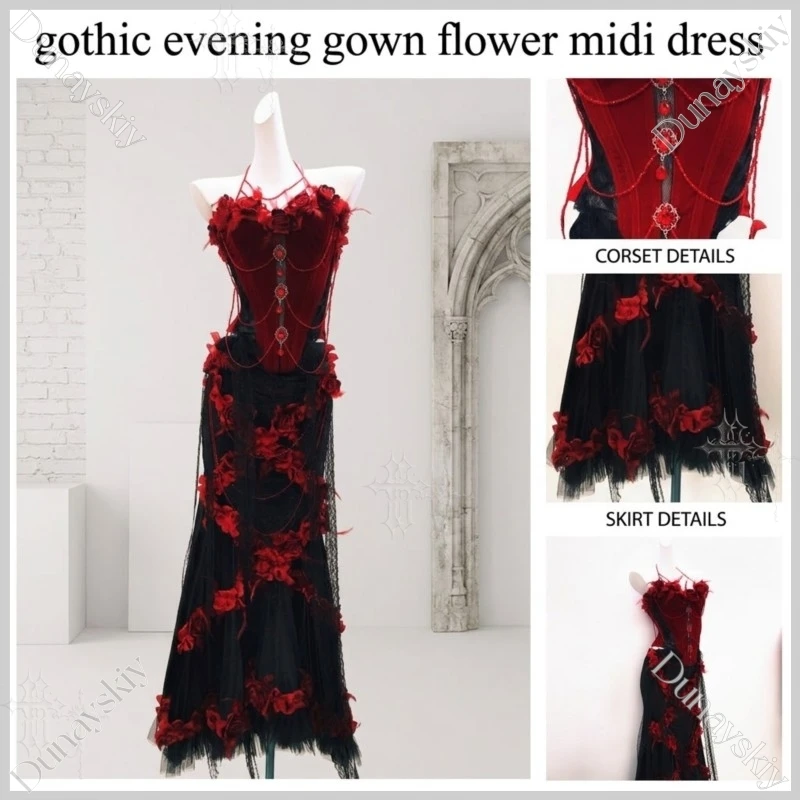 ​ ​ Vestido Midi Gótico Original con Cuello Halter, Sin Mangas, en Rojo y Negro con Contraste, con Flores 3D, Estilo Diosa, para Fiesta de Noche, Comic Con, Sesión de Fotos ​