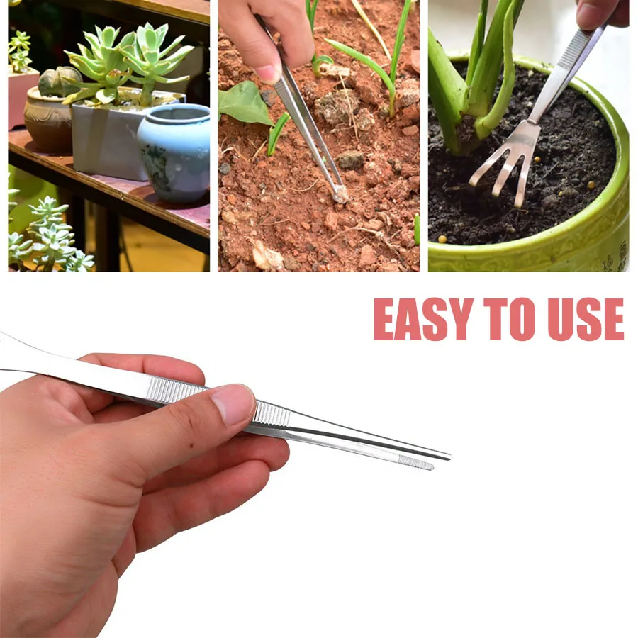 2-in-1 304 Stainless Steel Professional Root Rake with Bonsai Tweezers Soil Farming Tool Fleshy Tweezers for Succulents Crafting