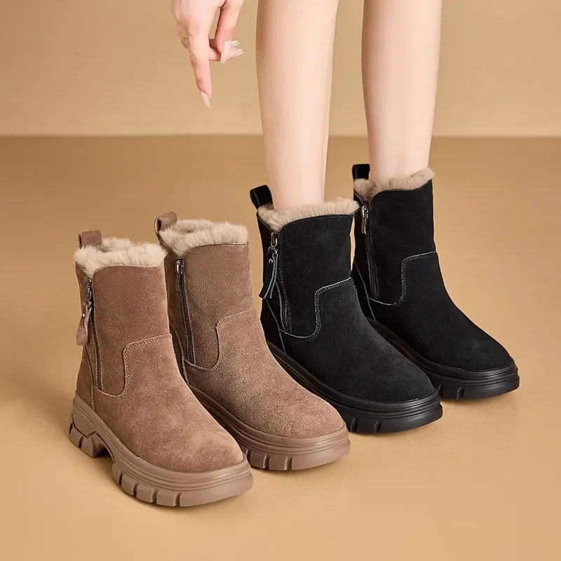 

Women's Snow Boots 2025 Winter Solid color Plush Warm Outdoor Ankle Boots Wedges Anti Slip Side Zipper Cotton Shoes Botas Mujer