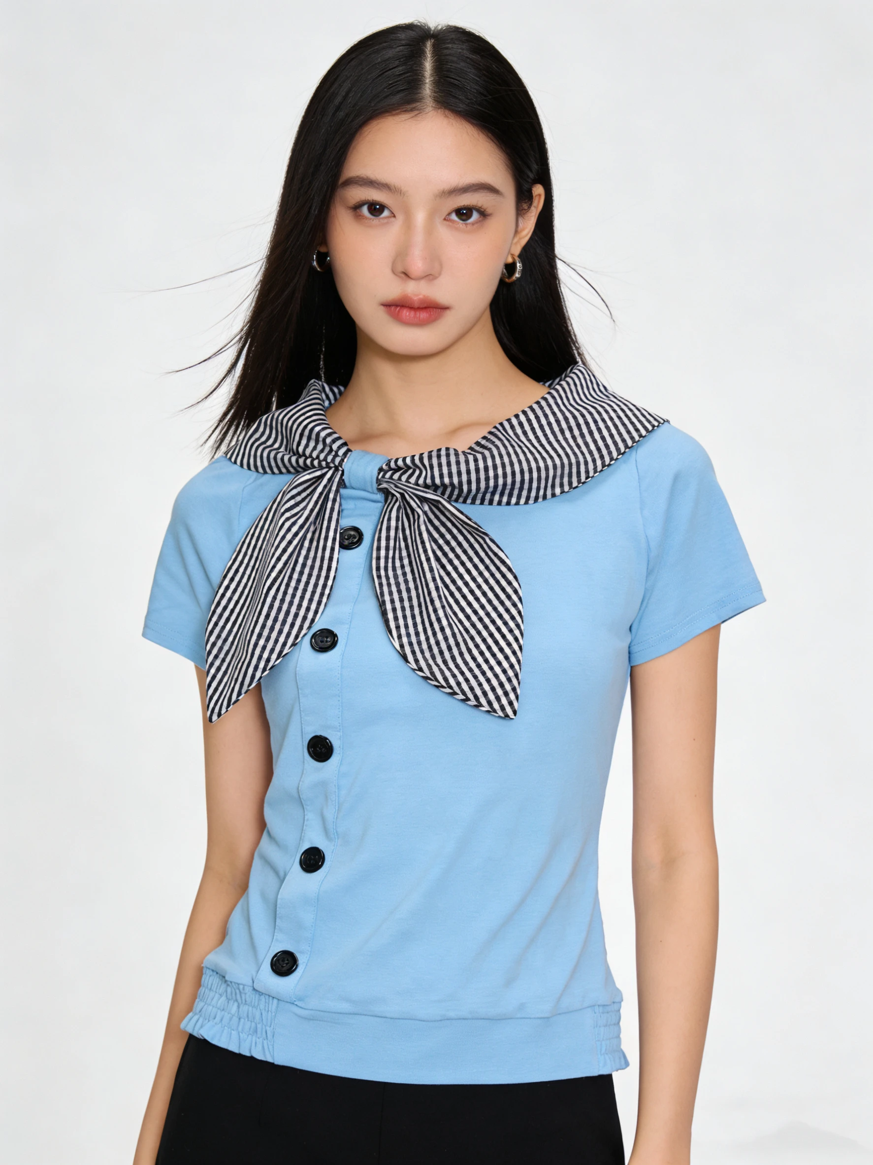 

Y2k American Vintage Plaid Patchwork Slim Sailor Collar Short Sleeve Tees Summer 2000s Elegant Subculture T Shirt Harajuku Tops