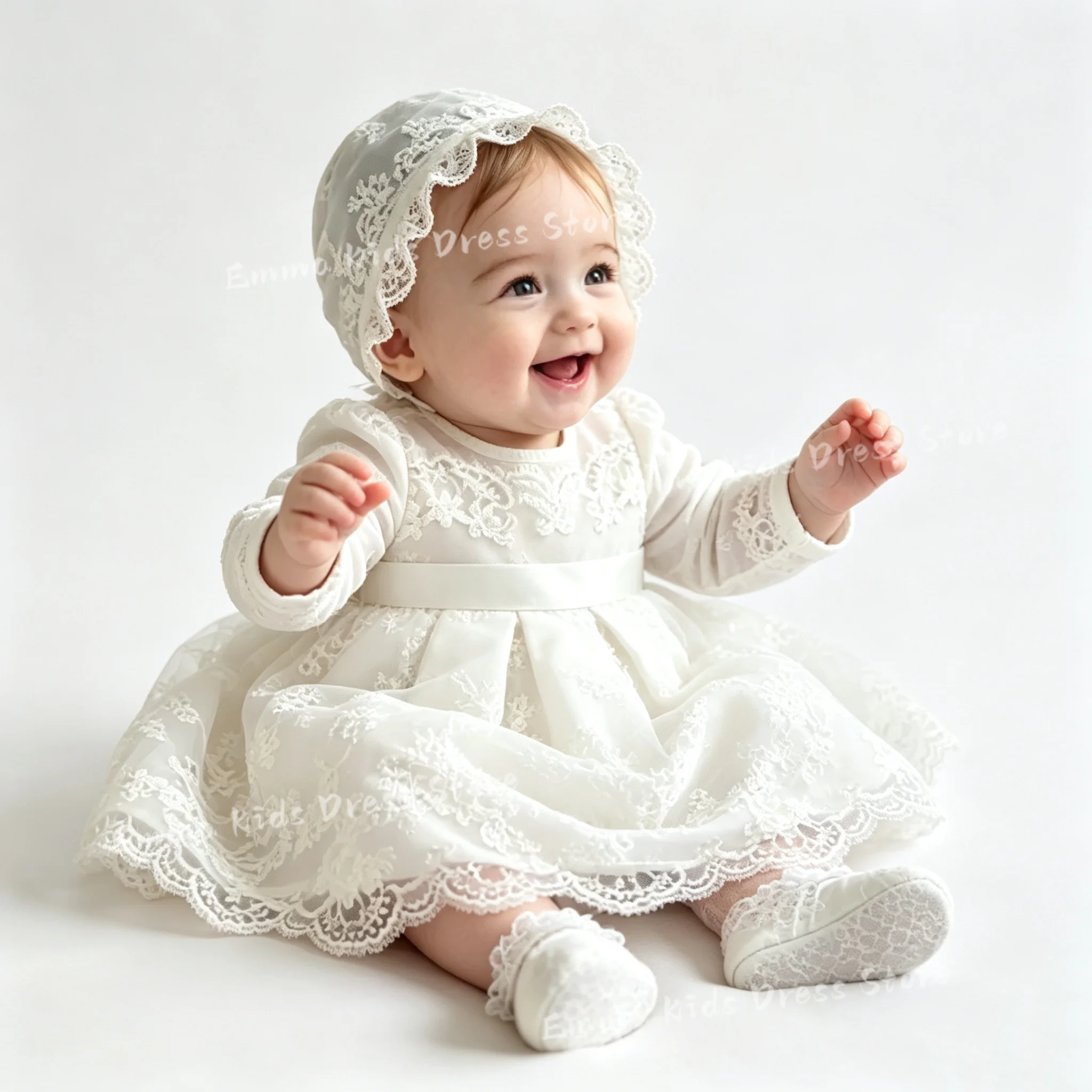 Custom White Lace Baby Christening Gown with Matching Bonnet, Long Sleeve First Communion Dress Infant Baptism Out