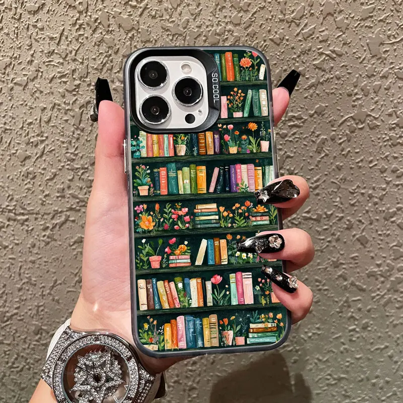 

Phone Case for iPhone 16 15 Pro Max Plus 13 12 11 Pro Max Mini 14 Pro Max Shockproof Laser Back Cover Bookshelf Small Flower Pot