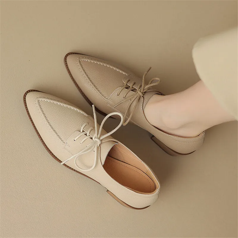 New Spring Autumn Sheep Leather Lace Women Loafers Pointed Toe Chunky Heel Shoes for Women Comfort Women Pumps Zaptos Mujer