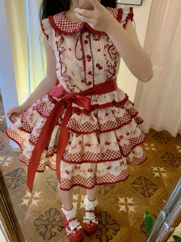 صيف جديد الحلو لوليتا طباعة عقدة منقوشة دمية طوق الدكتور الخصر Cinched رقيق تنورة Princ Sle ort Dr #5