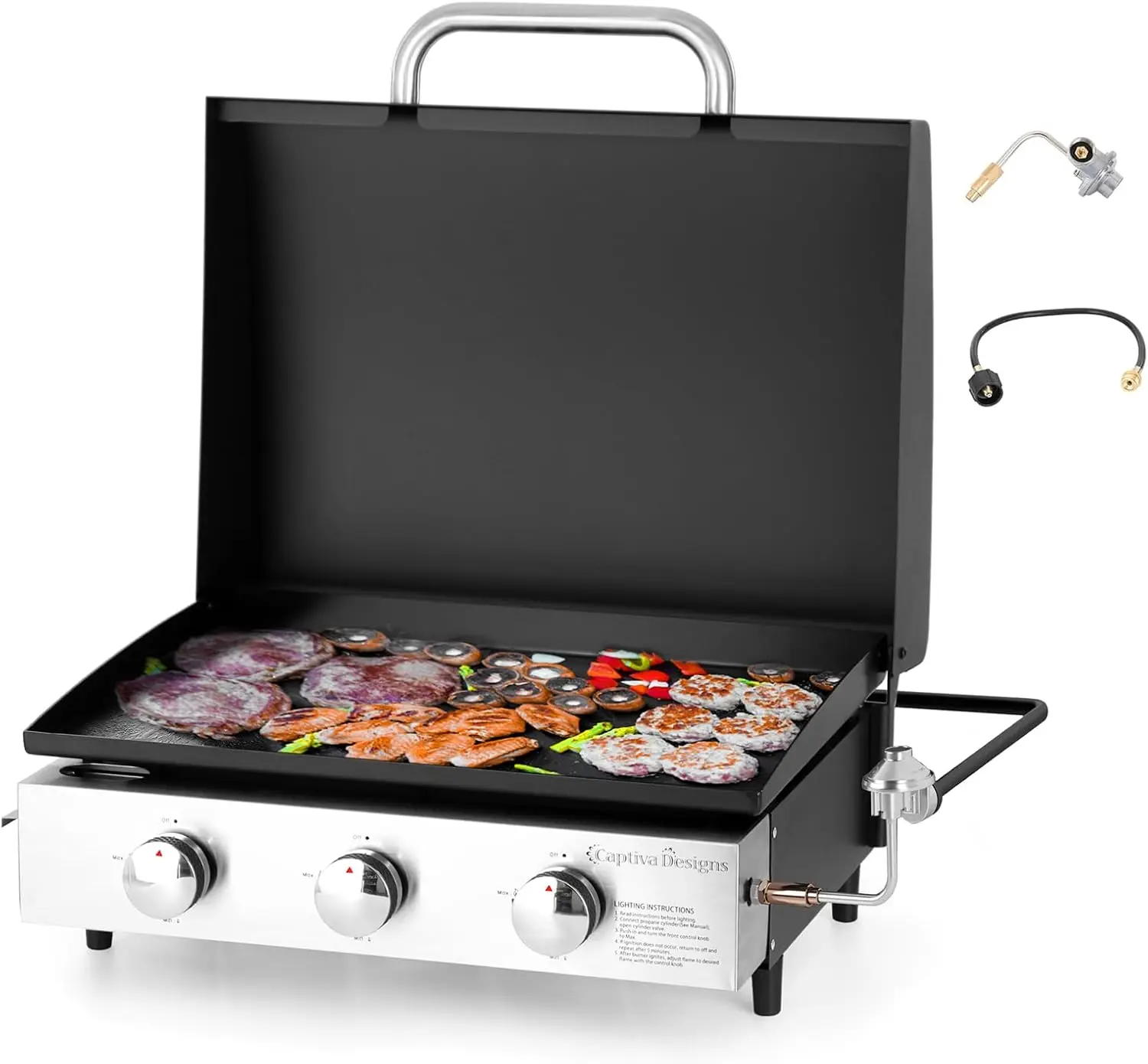 

Barbecue Grill with Ceramic Coated Cast Iron Plate, 3 Burners Flat Top Griddle, Portable Propane Gas, Easy To Clean, BBQ Grills