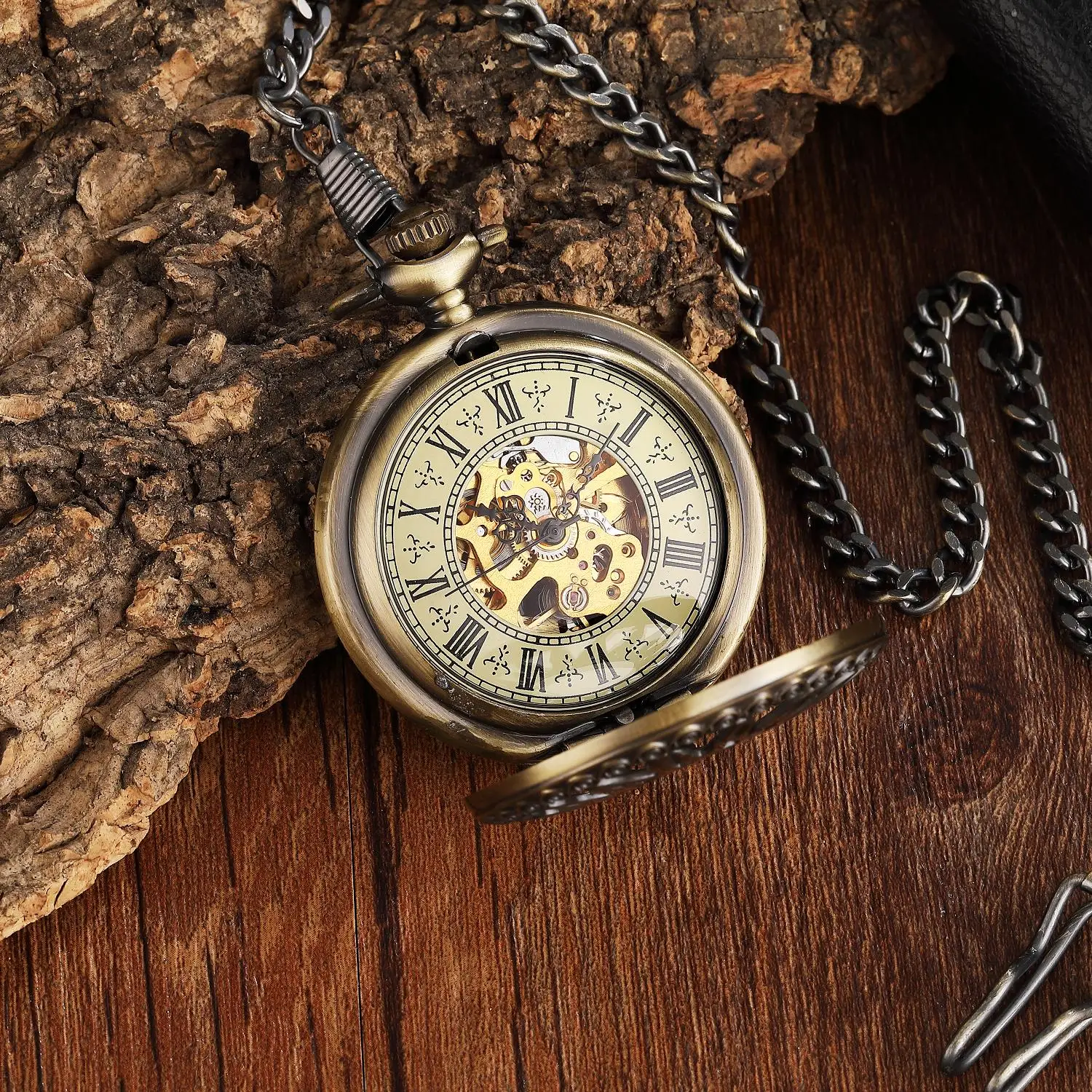 Sun Hollow Mechanical Pocket Watch Vintage Bronze Silver Hand Wind Steampunk Fob Watch with Chain