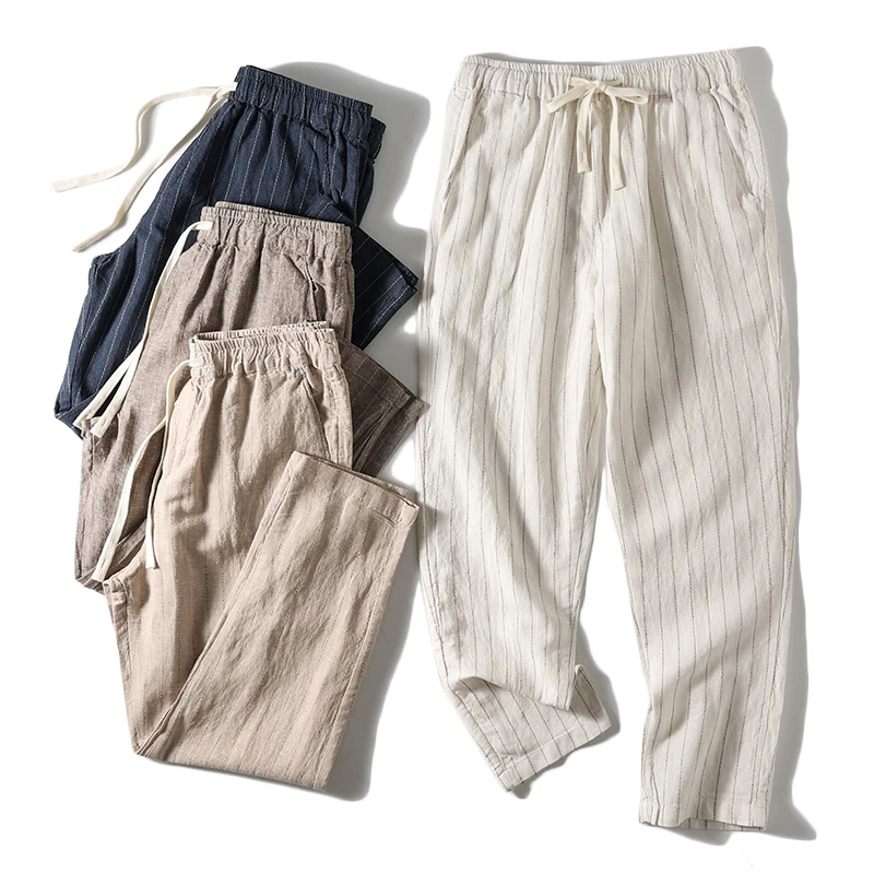 

Брюки мужские прямые из хлопка и льна, удобные тонкие дышащие однотонные Свободные повседневные штаны в полоску, лето
