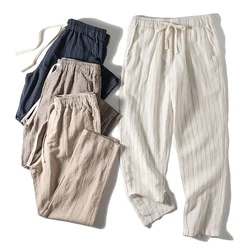 Cotton and Linen Comfortable Men's Fashion Trend Summer Pure Straight Stripe Thin Breathable Solid Color Loose Casual Pants