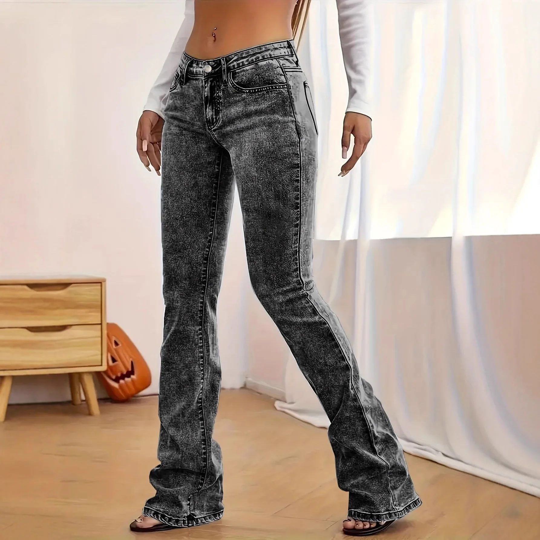 Slightly Pulled Jeans Women's New High-waisted Horseshoe Floor-mopping Flared Pants