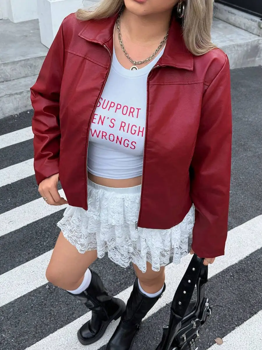 

Women's Red Faux Leather Zip Front Jacket, Casual Streetwear Style