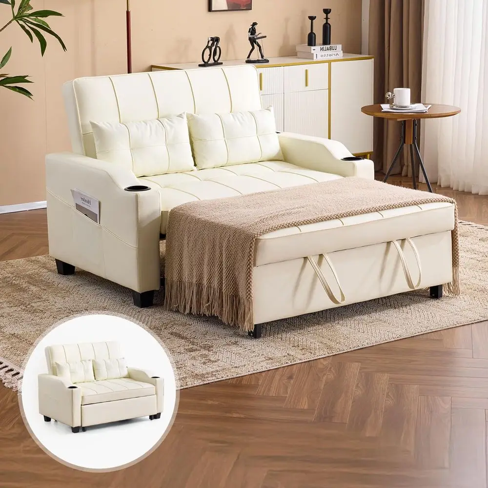 

Beige Futon Sofa Bed Convertible Loveseat Sleeper Couch, Faux Leather Pullout Sofa Fold Out Couch Bed with USB Ports, Cup Holde