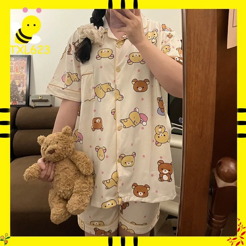 

Rilakkuma Cute Pajama Set Summer Sleepwear 2 Pieces Cool Short Sleeve Short Pant Indoor Wear Kawaii Homewear New