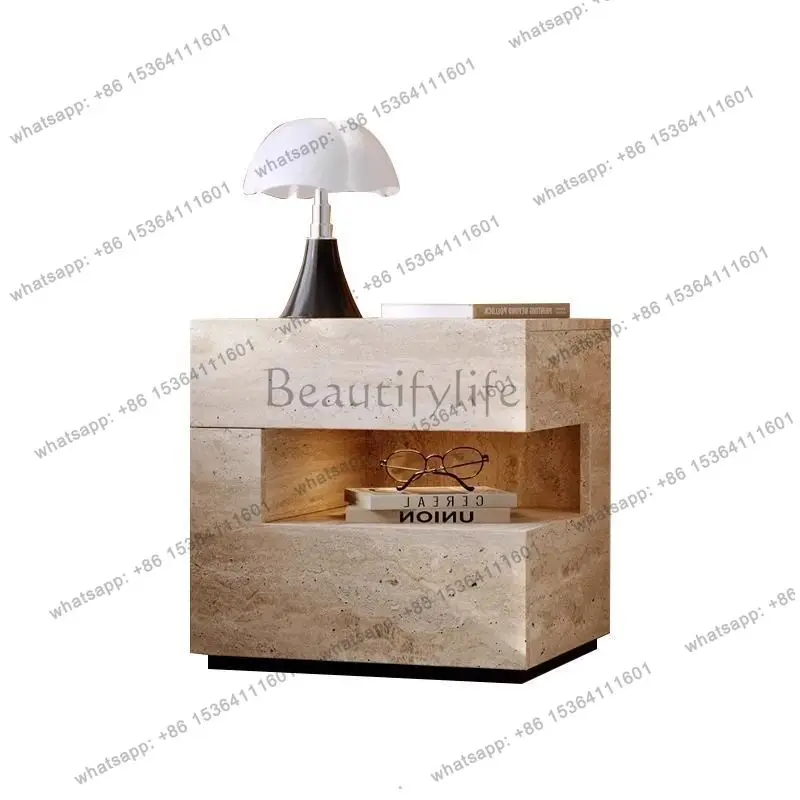 

Astonishing medieval retro minimalist bedside cabinet with lamp suspended environmental protection plate travertine texture