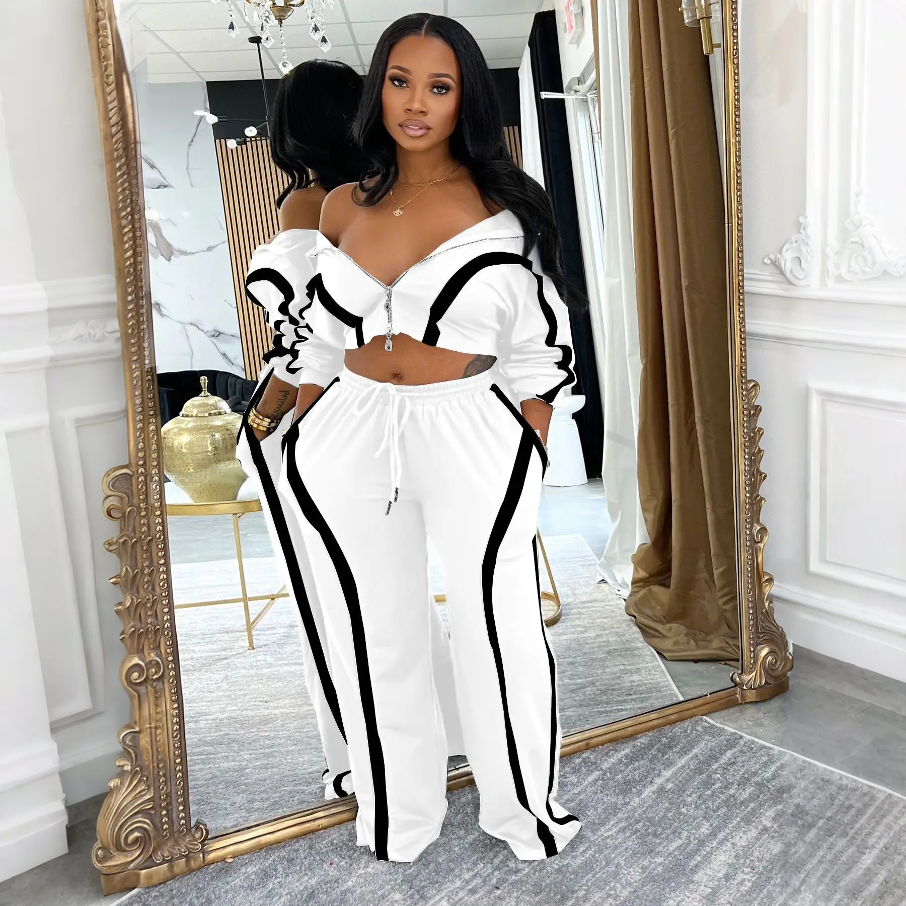 Zweiteiliges Hosen-Set für Damen, lässig, passende Sets, Farbblock, Reißverschluss, Langarm-Oberteil, Kordelzug, Tasche, Hose, lockere Passform, Herbst 2025,