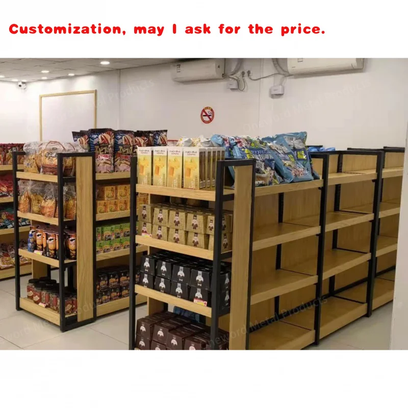 

custom.Cold Rolled Steel Wood Structure Supermarket Shelf Custom Label Gondola Shelving
