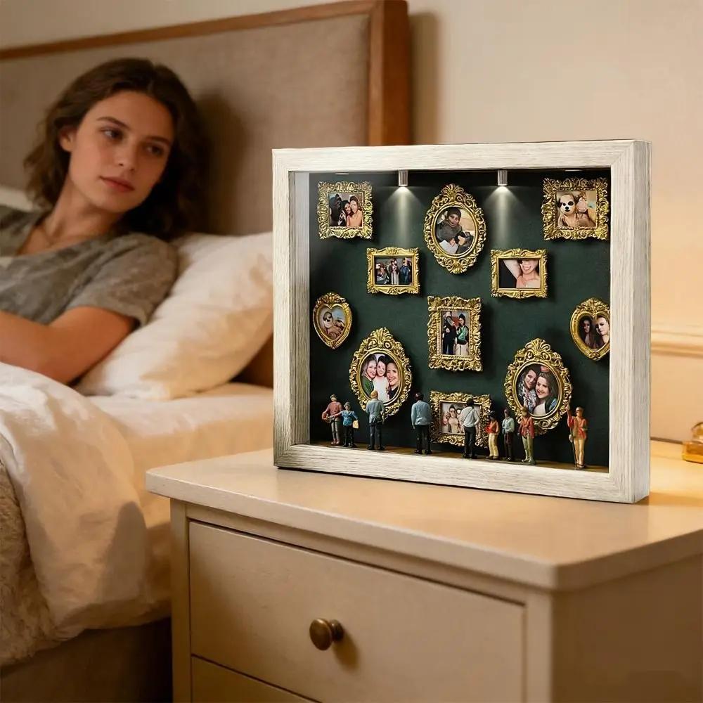 

LED Light DIY Mini Museum Silhouette Box Miniature Desk Photo Frame Gold Frames Shadow Box Frame 8 Mini Figurines Photo Frame