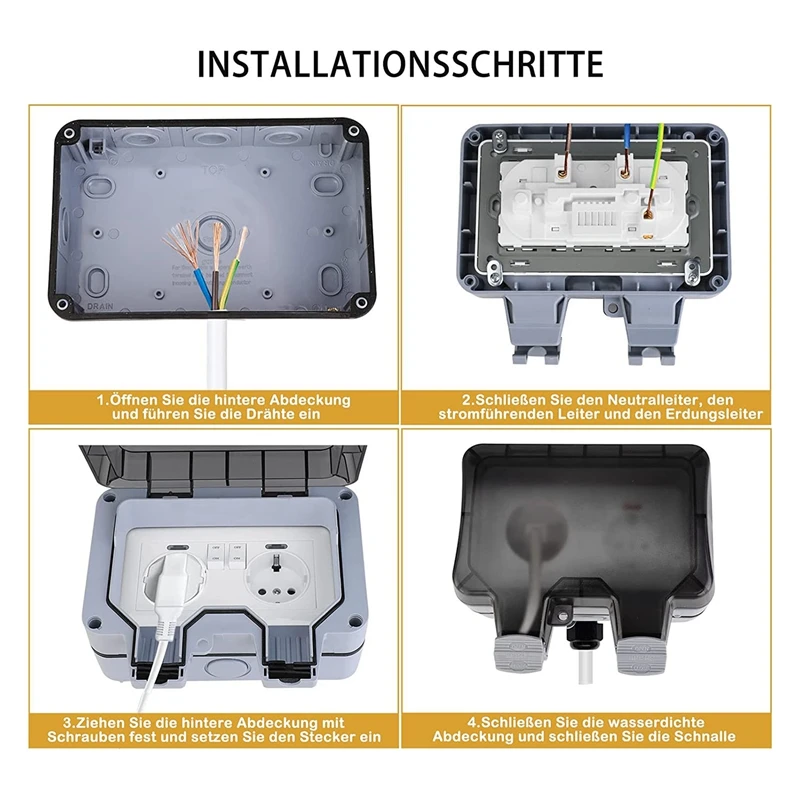 Outdoor Socket Weatherproof Outdoor Wall Socket Garden Socket Surface-Mounted Protective With Hinged Lid EU Plug