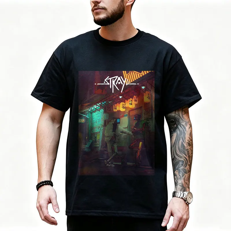 Stray Video Game Cat Graphic T‑Shirt O‑Neck Short Sleeve Unisex Tees Cyberpunk Stray Cat Print Casual Streetwear For Gamer Fans