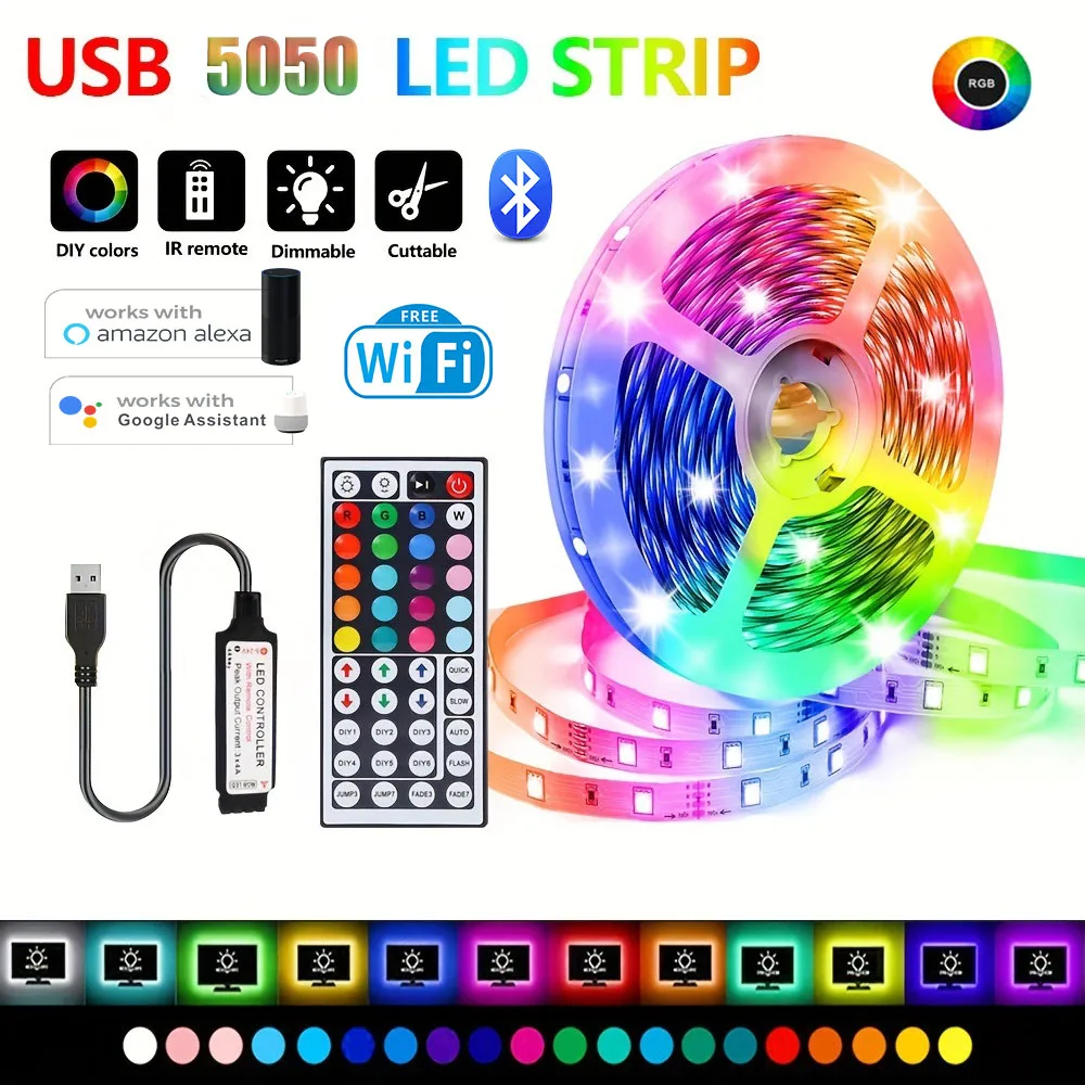 Lampu setrip LED USB 44 tombol, lampu setrip pencahayaan LED RGB 5050 sinkronisasi musik untuk ruang tamu, Kamar tidur, pesta Natal dekorasi