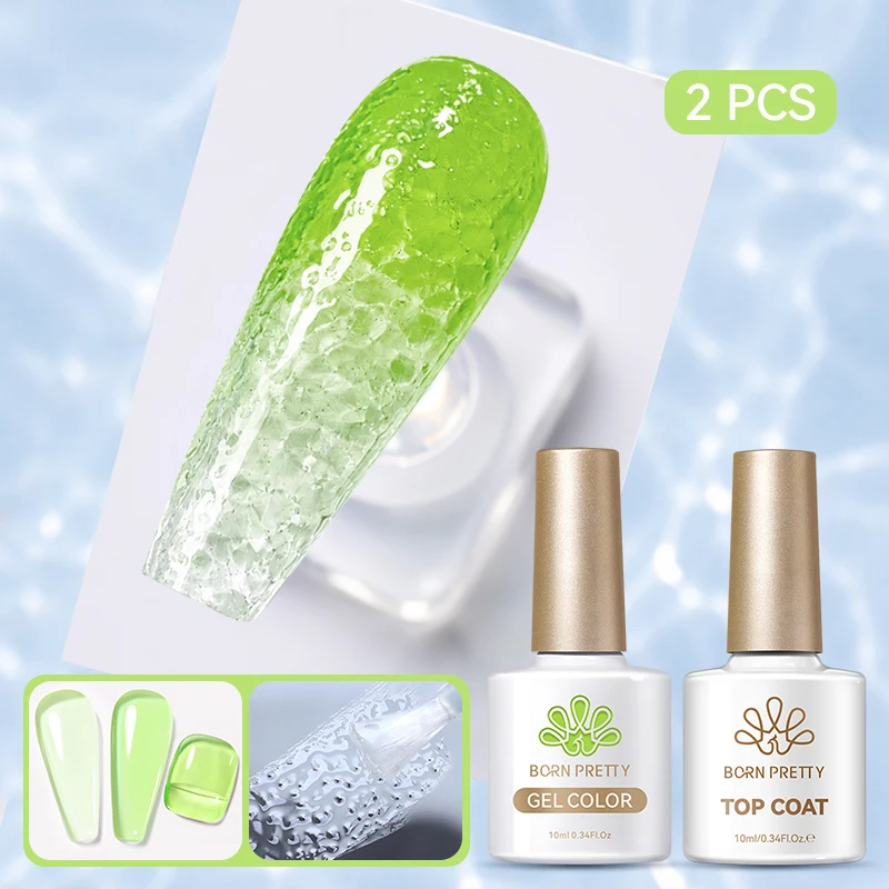 BORN PRETTY 2-teiliges Sommer-Set mit Transparentem Nagelgel und Wasserwellen-Top-Coat, Ohne Abwischen, Abziehbarer Jelly-Gel-Lack