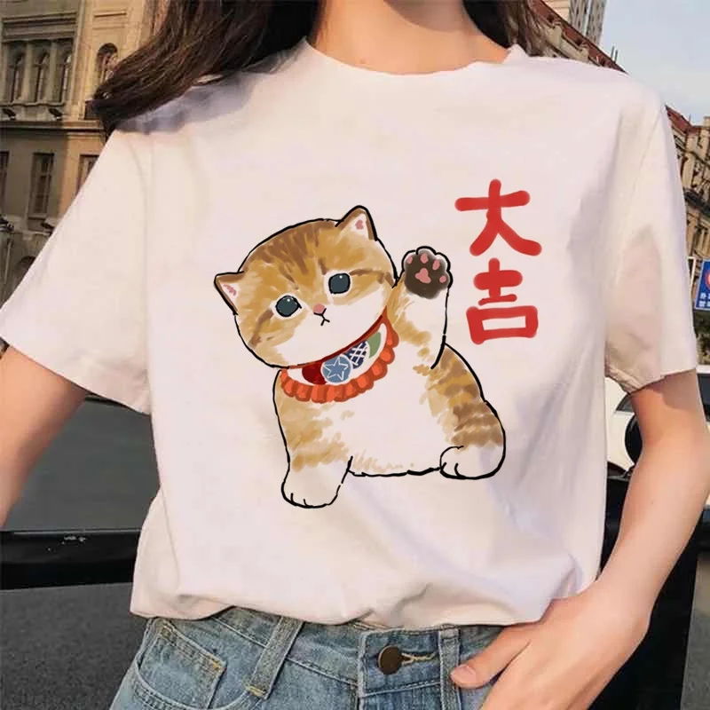 Sommer kawaii Cartoon Katzen gedruckt Frauen T-Shirts Harajuku Mode Freizeit Rundhals ausschnitt vielseitige wilde Kurzarm Top Unisex