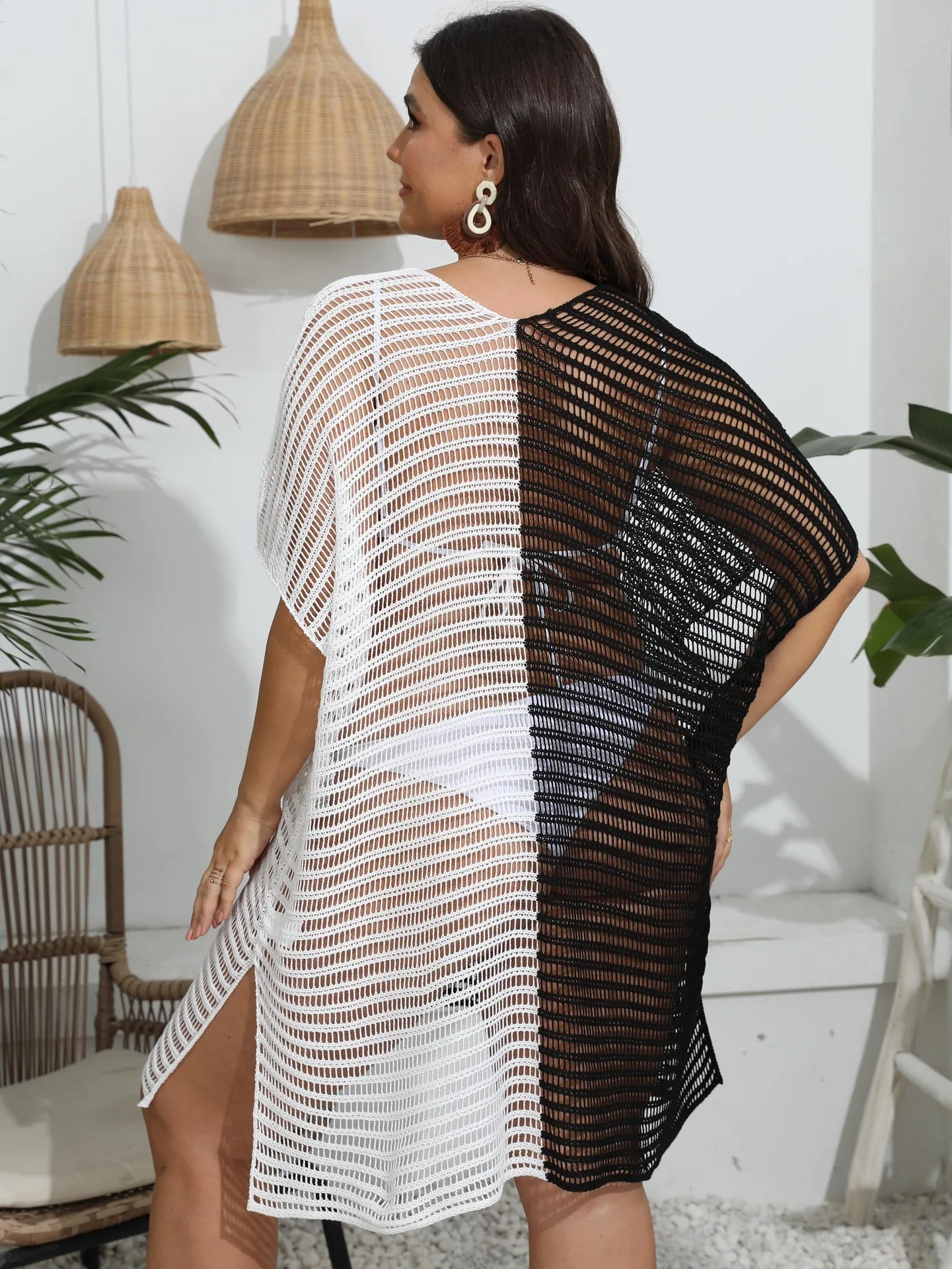 Plus Size Oversize 2 Block Color Patchwork Knitted Hollow Beach Dress Bikini Cover Up for Women Sexy Deep V Neck Split Beachwear