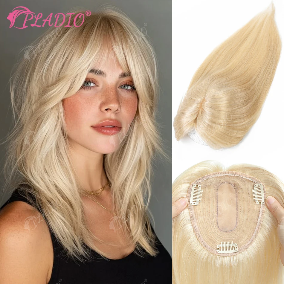 100-remy-human-hair-topper-with-bangs-613-bleach-blonde-4-non-slip-silicone-clips-invisible-base-add-volume-covers-gray-hair
