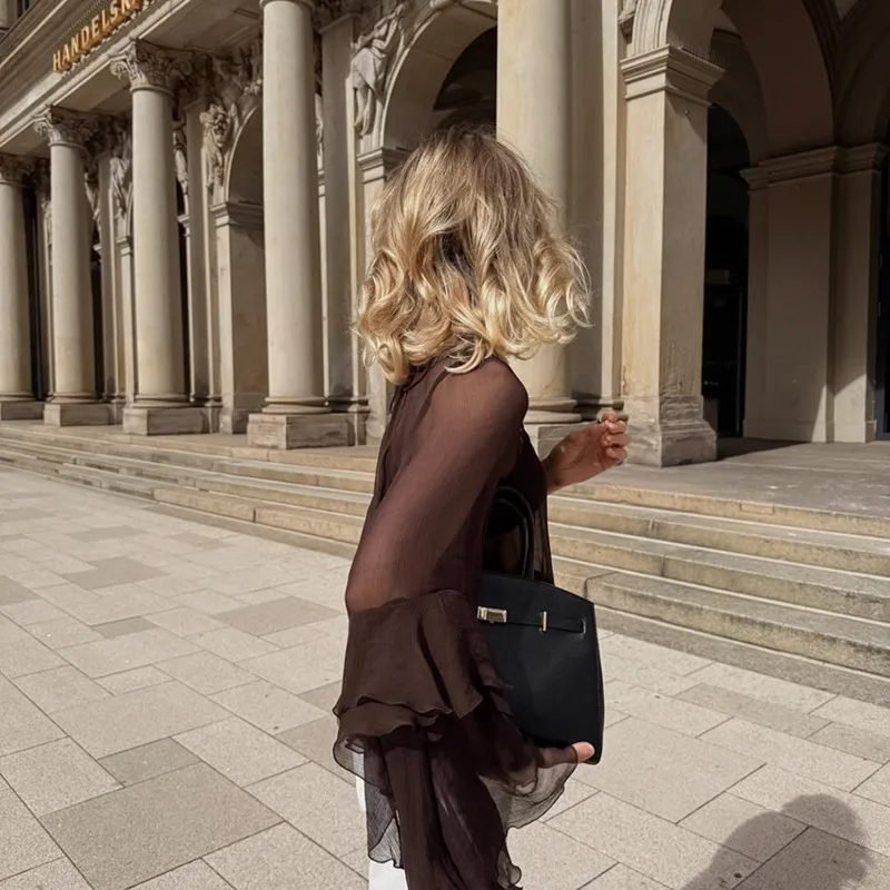 

Шикарная женская прозрачная шифоновая рубашка, сексуальная легкая прозрачная блузка с оборками, свободный крой, летний модный топ с длинными рукавами